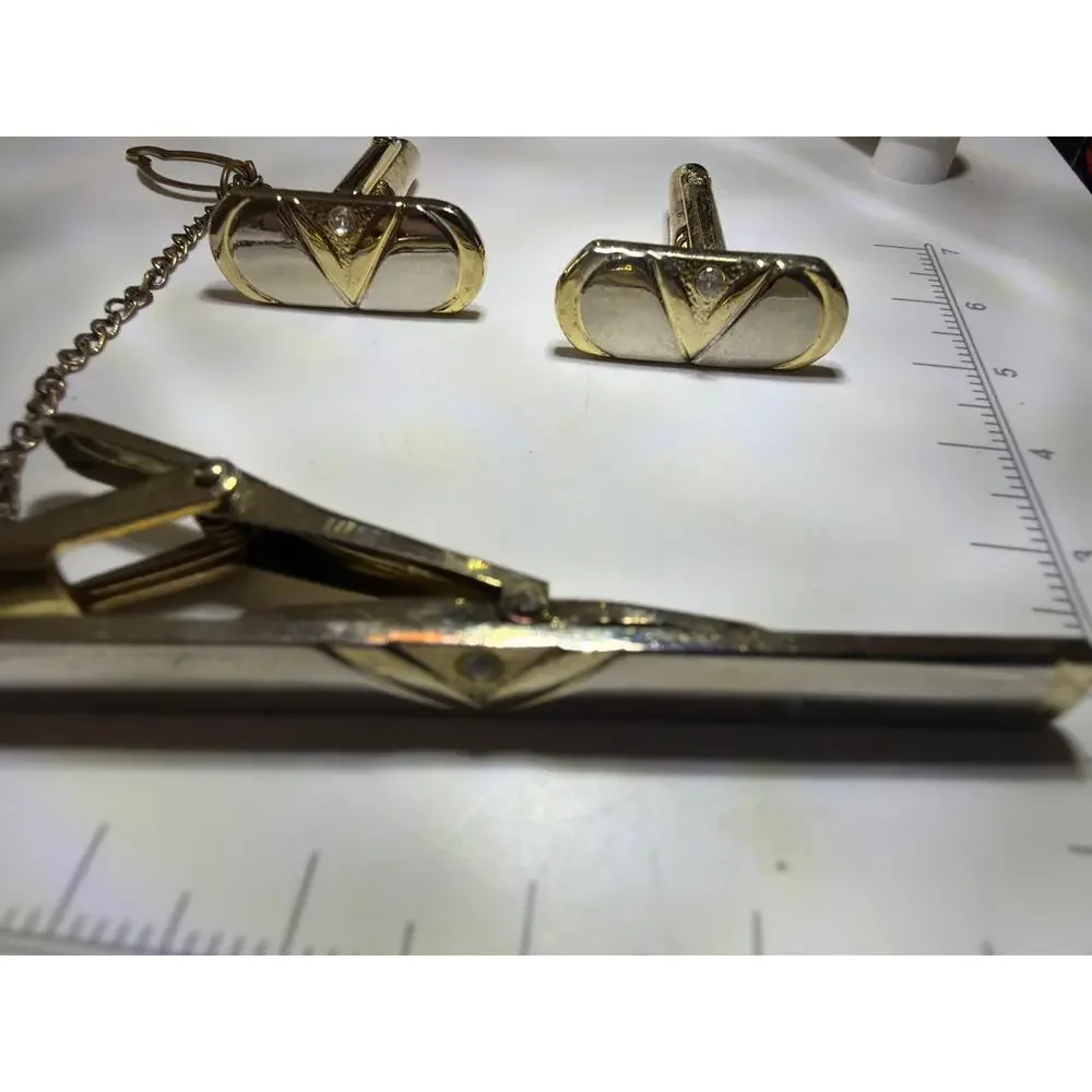 Vintage Gold Tone Tie Bar Cufflinks Set Clear Stone Men's Formal Jewelry Box